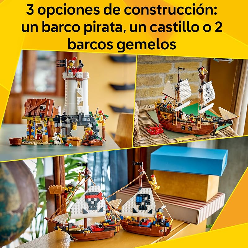 Brinquedo clássico de navio pirata 3 em 1 – modelo de castelo transformável ou 2 navios gémeos – decoração de quarto – presente de aniversário para rapazes e raparigas de 9+ anos – 31387