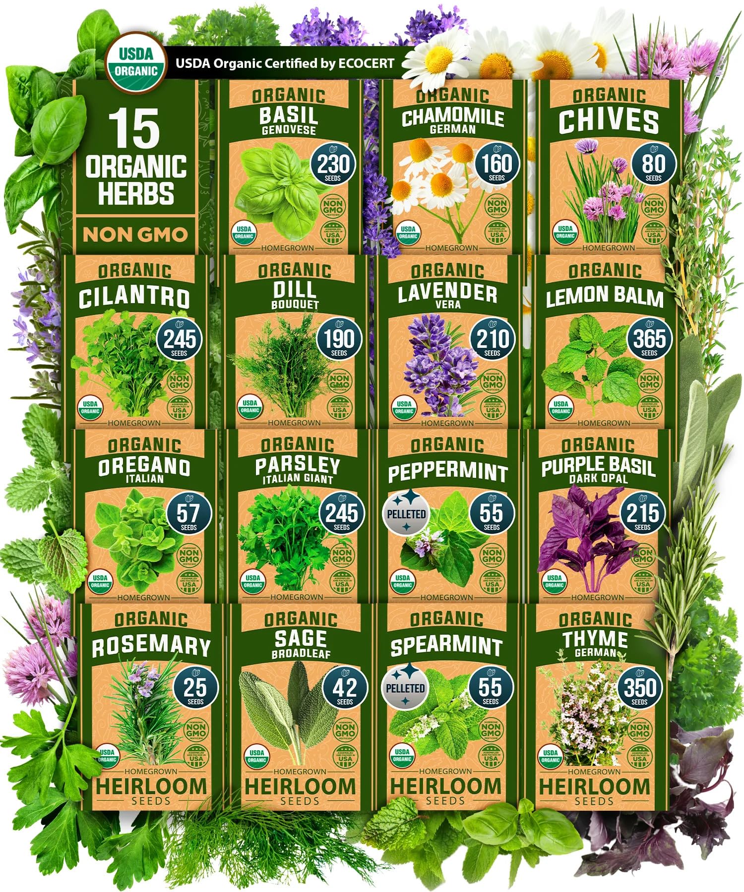 Photo 1 of HOME GROWN ??????? 15 Herb Seeds Variety Pack 2,500+ ???-??? ??? High-Germinating Heirloom Seeds for Planting Indoor Outdoor Herb Garden Hydroponics Garden Seeds, Basil Cilantro & More