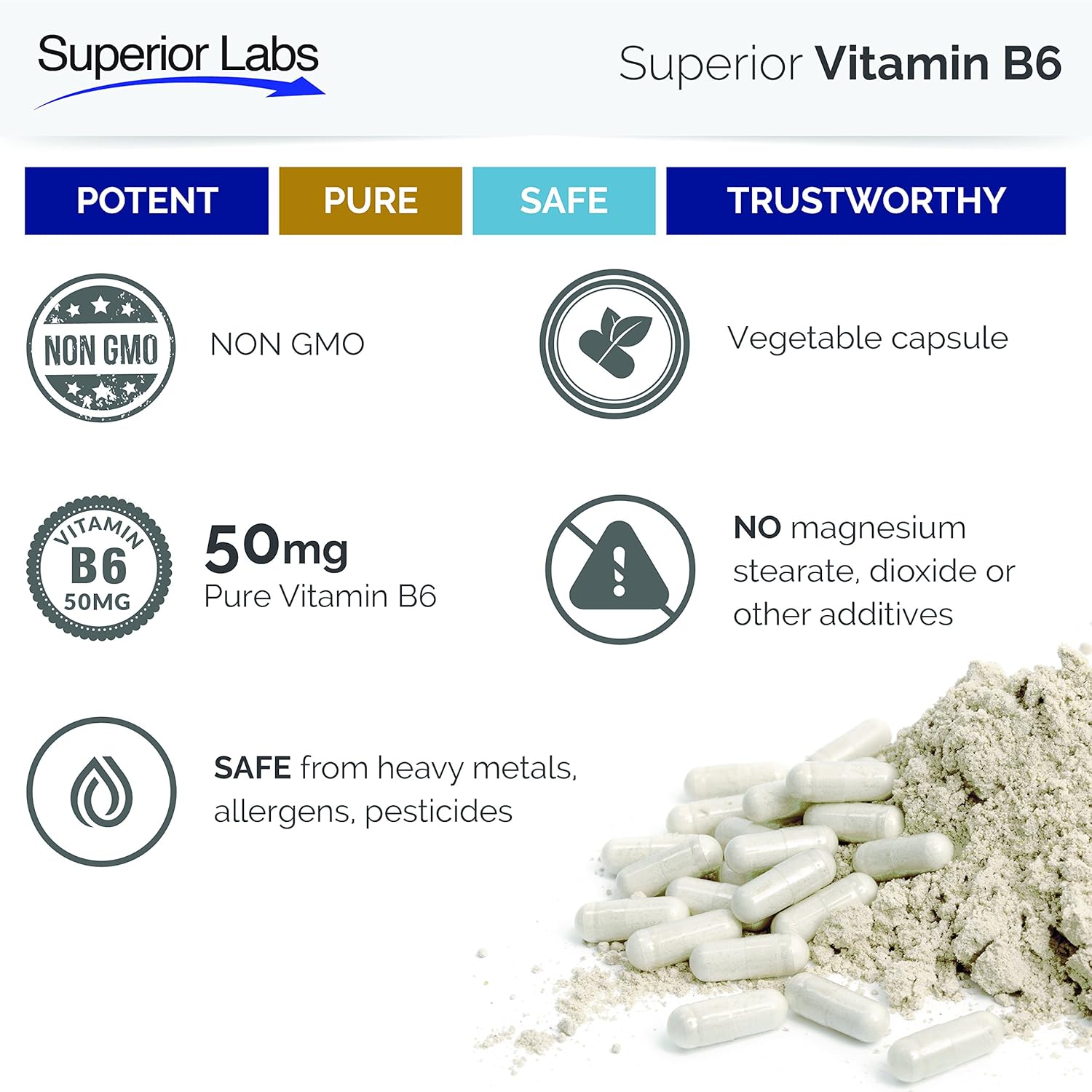 Superior Labs — Best Vitamin B6 Dietary Supplement — 50 mg Dosage ,120 Vegetable Capsules —Supports Immune System Health — Healthy Brain Function — Cardiovascular Health Support: Health & Personal Care