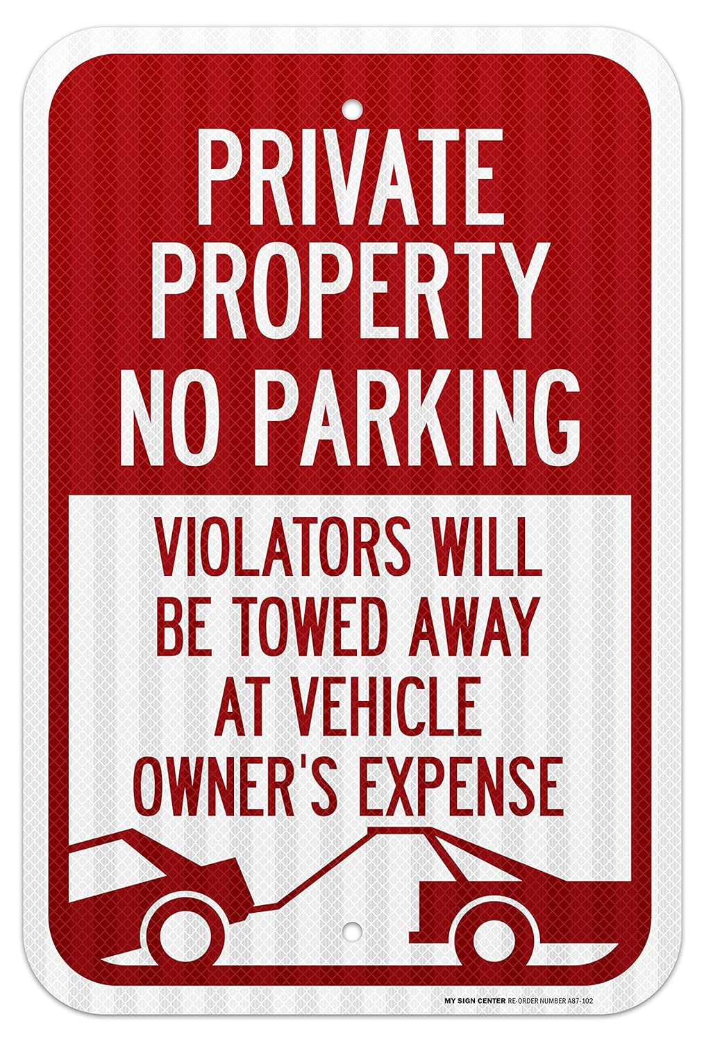 Private Property No Parking Violators Will Be Towed Away at Vehicle Owner's Expense Laminated Sign - 12" X 18" - .080 3M Engineer Grade Prismatic Reflective - UV Protected and Weatherproof - A87-102