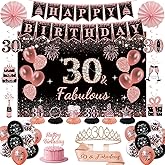 30th Birthday Decorations for Women - Rose Gold 37Pcs Complete Party Kit with Banner, Backdrop, Tiara, Sash, Cake Topper, Latex Balloons, Hanging Swirls, Centerpieces | Birthday Party Supplies