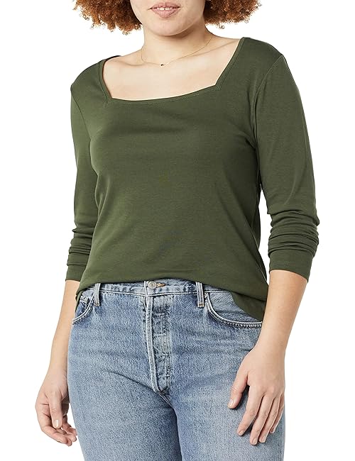 Amazon Essentials Women's Slim-Fit Long Sleeve Square Neck T-Shirt, Olive, Small