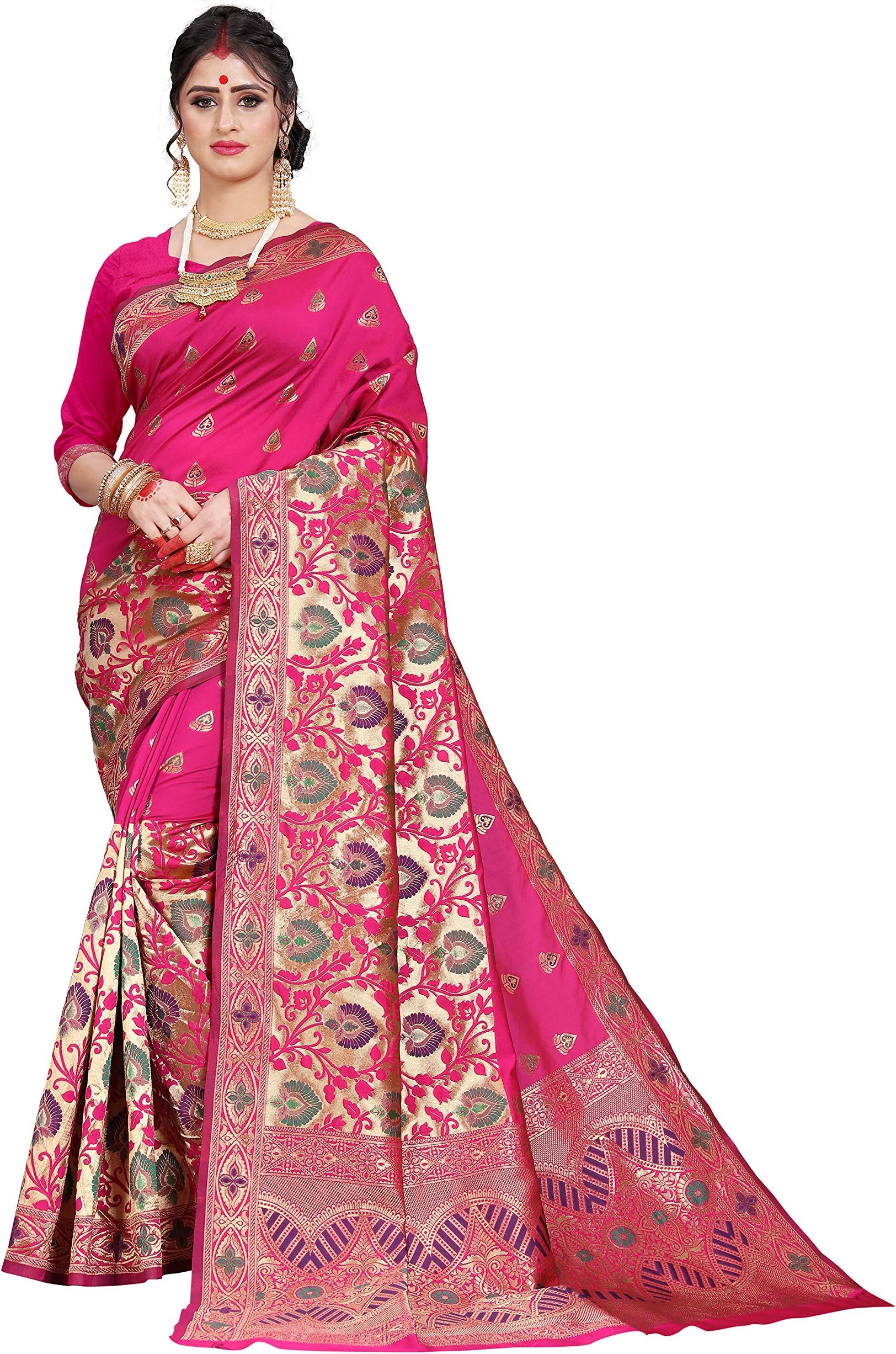 Being Banarasi Women's Synthetic with Blouse Piece Saree (1878_B, Pink, 5.5 meters)