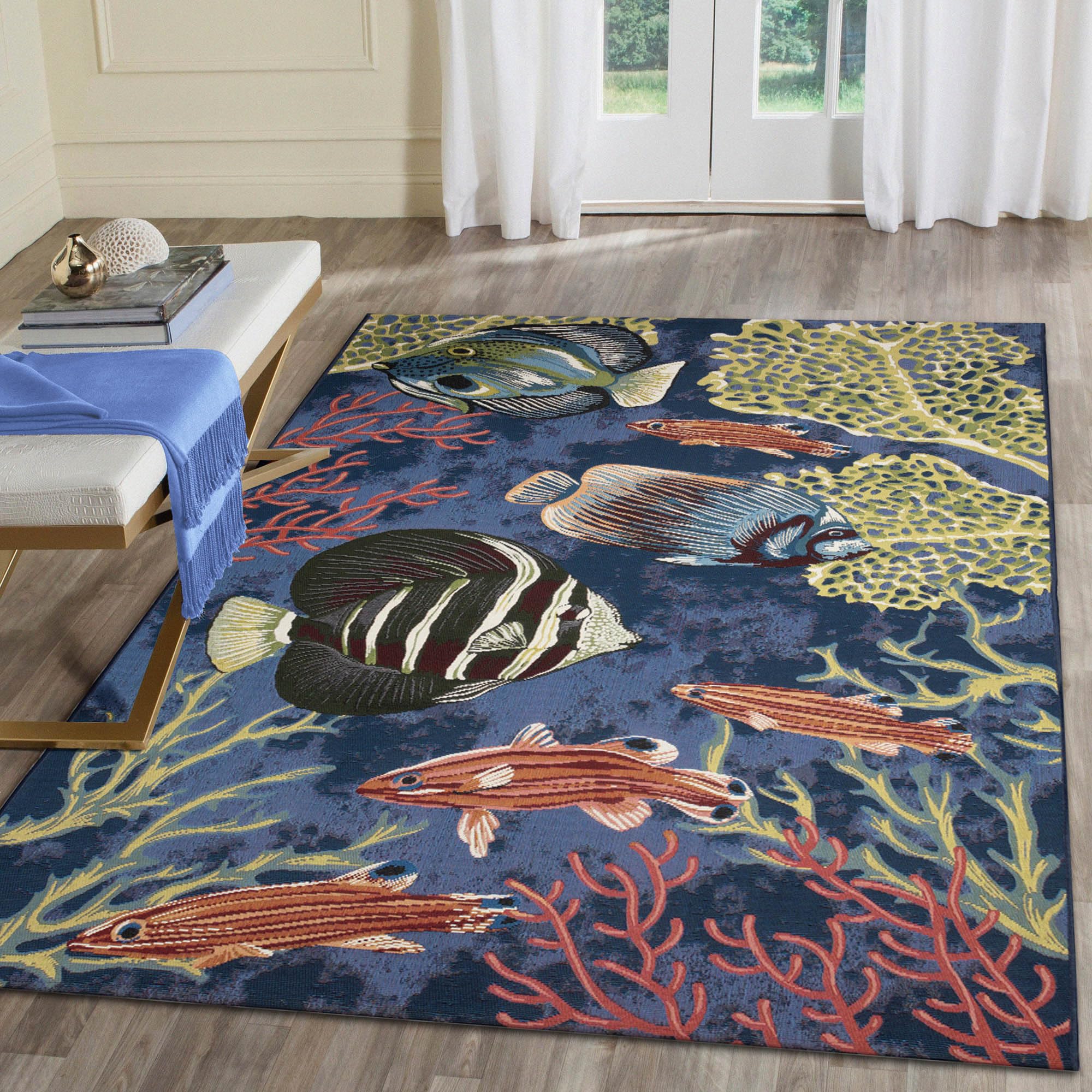 Liora Manne Marina Indoor/Outdoor Power Loomed Synthetic Blend Low Profile Area Rug - Transitional Graphic Coastal Animal Colorful (Fish Navy) (8'10" x 11'9") Image Liora Manne Marina Indoor/Outdoor Power Loomed Synthetic Blend Low Profile Area Rug - Transitional Graphic Coastal Animal Colorful (Fish Navy) (8'10" x 11'9") Image