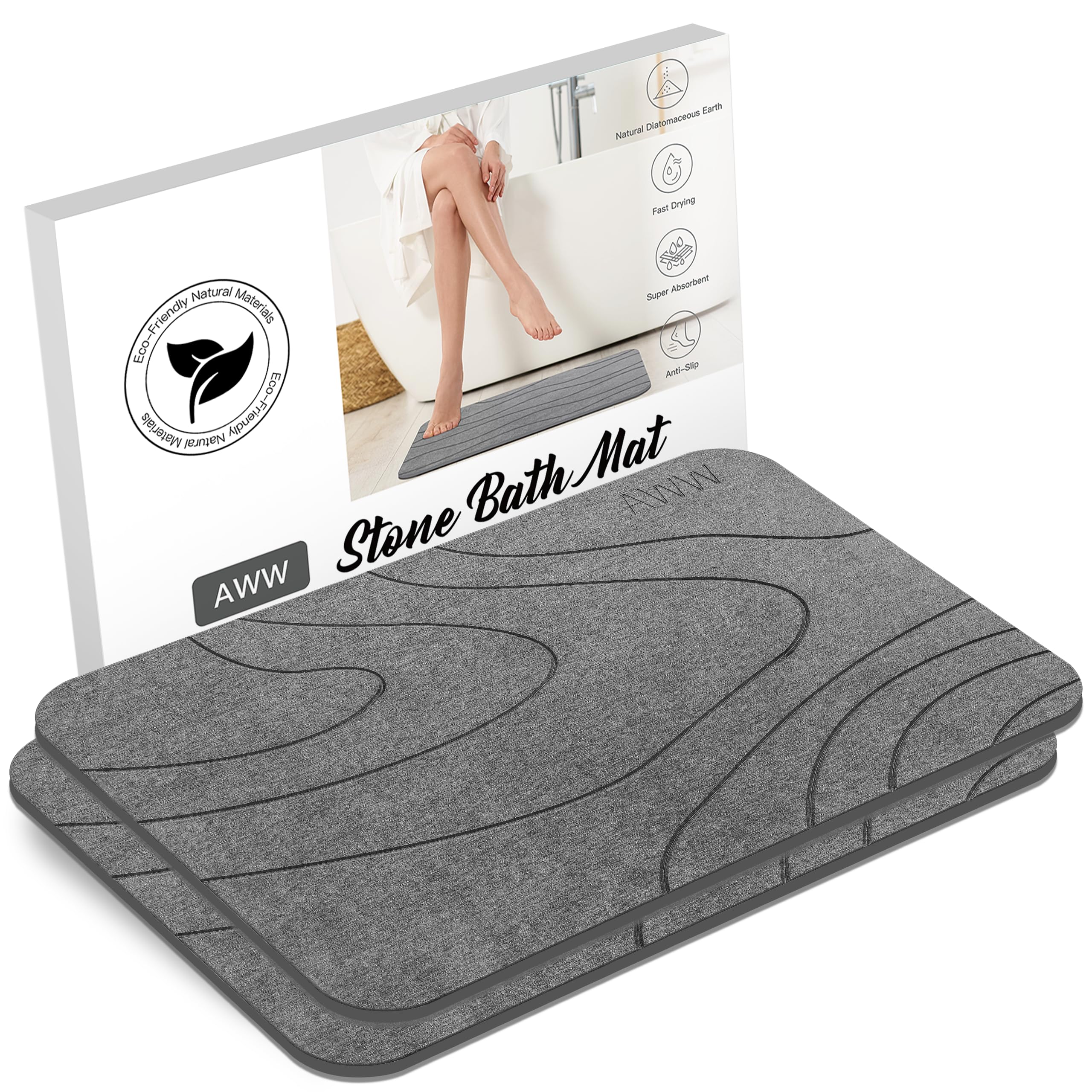 Photo 1 of AWW Stone Bath Mat, Non-Slip Diatomite Stone Bath Mat, Quick Drying Bath Mat Stone Absorbing, Super Absorbent Diatomaceous Earth Bath Mat for Bathroom Kitchen, Easy to Clean 23.62x15.47, 2 Pack