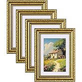 eletecpro 5x7 Picture Frames Set of 4, Gold Photo Frames with Glass Cover, Vintage Picture Frame 5 x 7 Displays 4x6 Photo with Mat or 5x7 without Mat for Tabletop or Wall Decor, Gold
