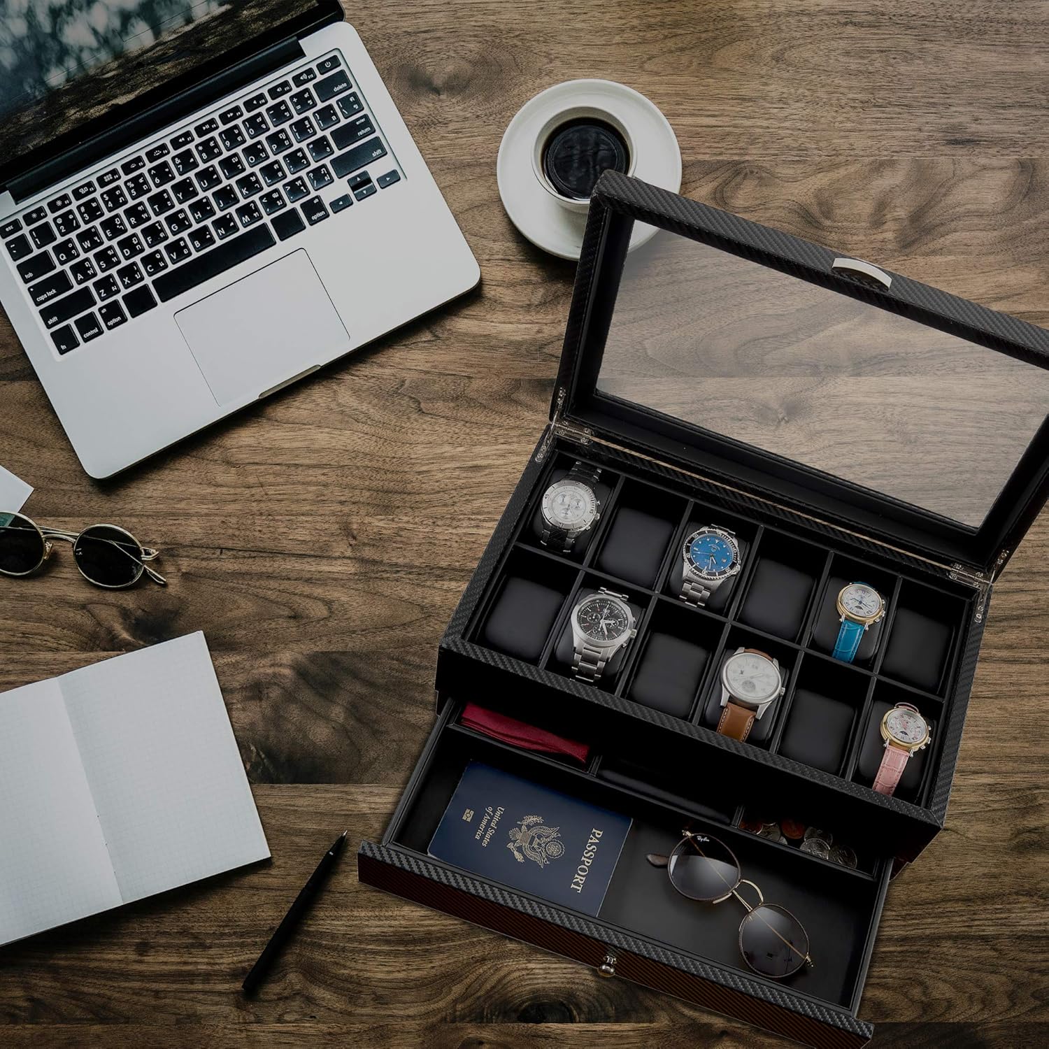 Watch Box- Display Case & Organizer For Men| First-Class Jewelry Watch Holder| 12 Watch Slots & Valet Drawer for Sunglasses, Rings, Phone| Sleek Black Color, Glass Top, Carbon Fiber, & Faux Leather: Home & Kitchen