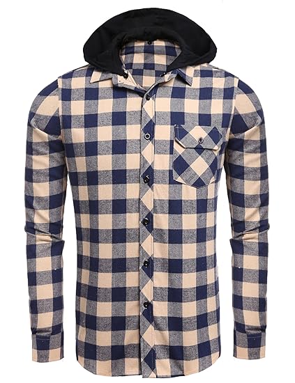 COOFANDY Karohemd Herren Flanellhemd mit abnehmbarer Kapuze regular fit kariertes Hemd Langarm