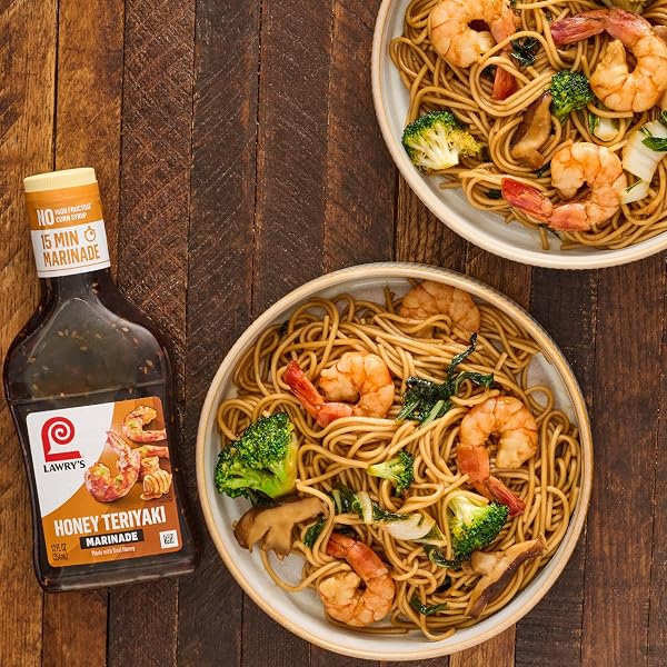 LAWRY’S MARINADE, HONEY TERIYAKI, 15 MINUTE MARINADE, NO HIGH FRUCTOSE CORN SYRUP, MADE WITH HONEY, SOY SAUCE, AND GARLIC, GREAT WITH CHICKEN, SHRIMP, SALMON, AND VEGETABLES, 12 FL OZ