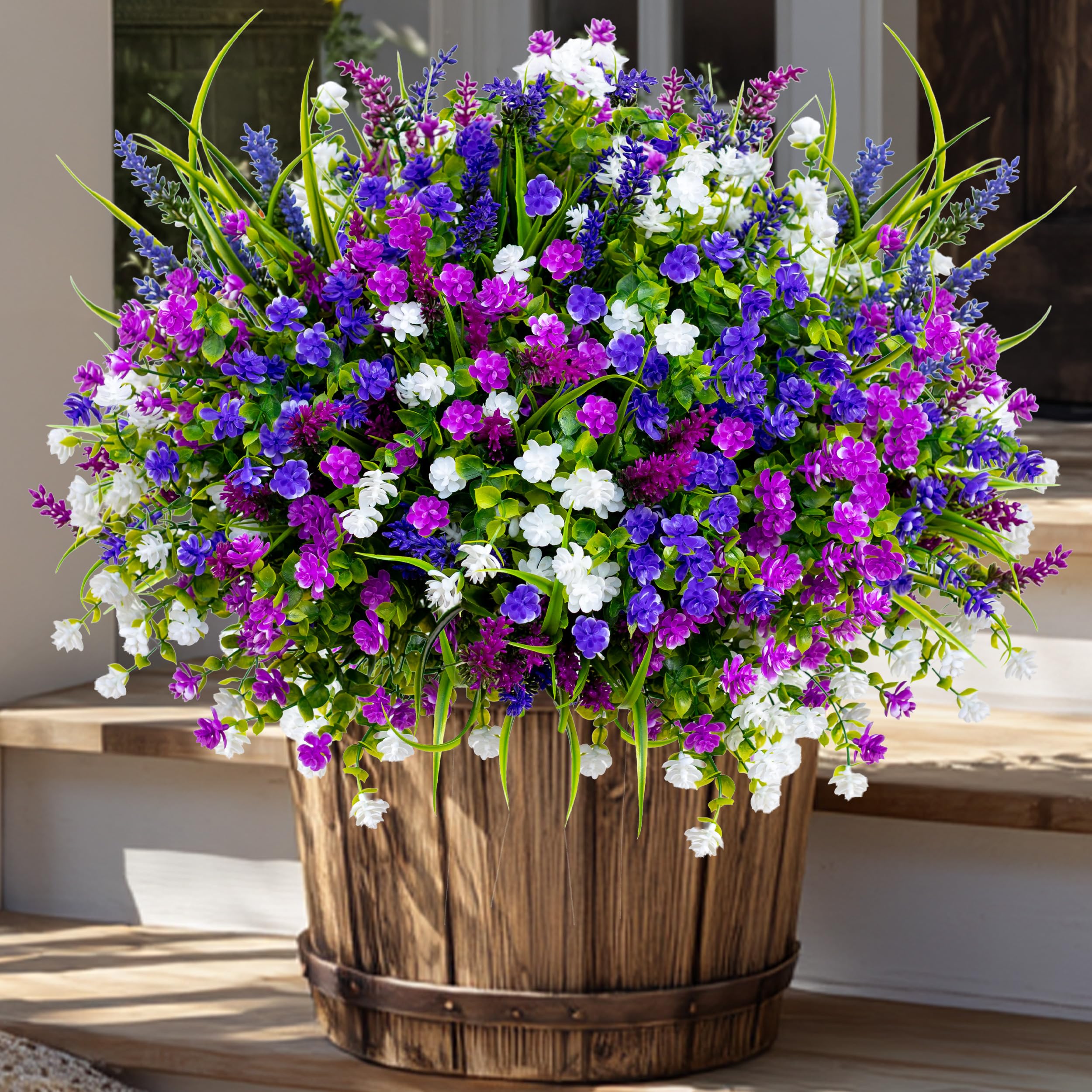 AXYLEX Artificial Flowers for Outdoors Fake Plants - 12 Bundles Faux Outside Greenery Boxwood No Fade Plastic Shrubs Home Decor Farmhouse Garden (Mixed, 3 Colors Magenta Purple White)