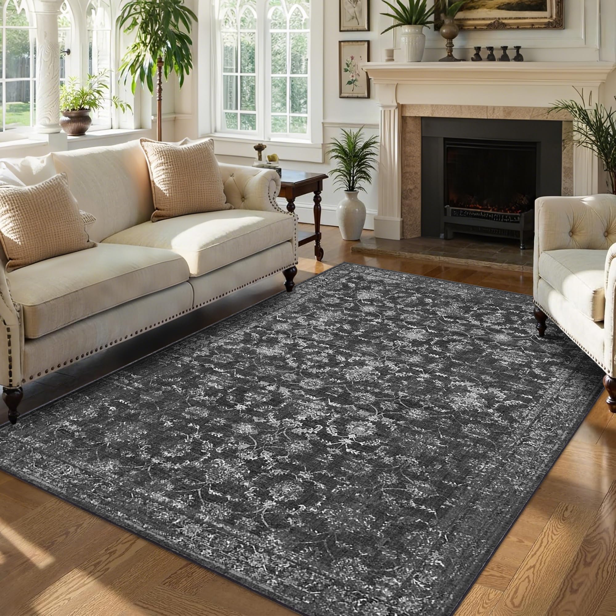 Photo 1 of Washable Area Rug 6x9 Black Rugs for Living Room, Vintage Boho Large Rug for Bedroom Dining Room Office, Distressed Floral Print Carpet for Under Table, Soft Non Slip Low Pile Throw Carpet Indoor Mat
