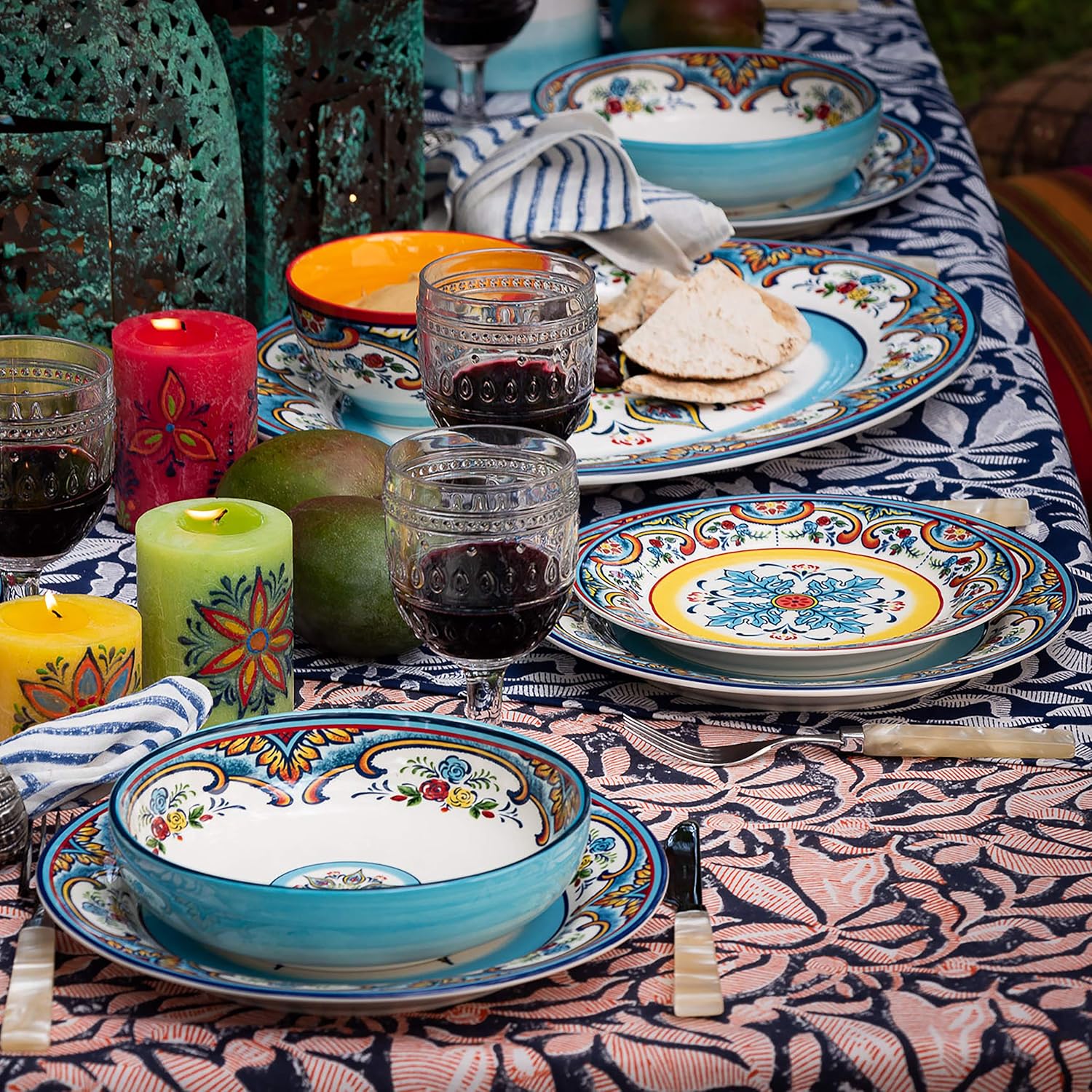 Euro Ceramica Zanzibar Collection Pasta Bowls, Set of 4, Spanish Floral Design, Multicolor Blue: Kitchen & Dining