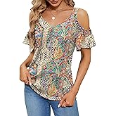 Micoson Cold Shoulder Tops for Women Summer Short Sleeve Shirts Ladies Floral Ruched Blouse Classic Cute V Neck Tunic