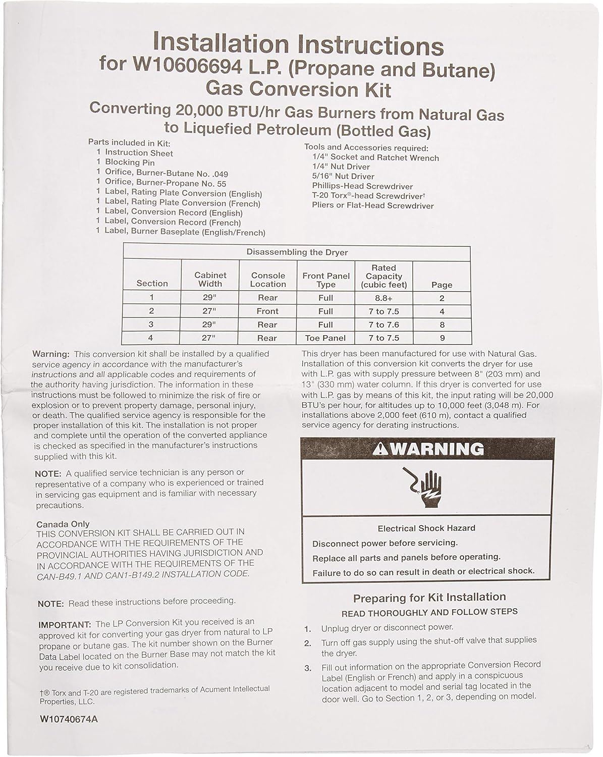 Whirlpool W10606694A LP Gas Conversion Kit: Home Improvement