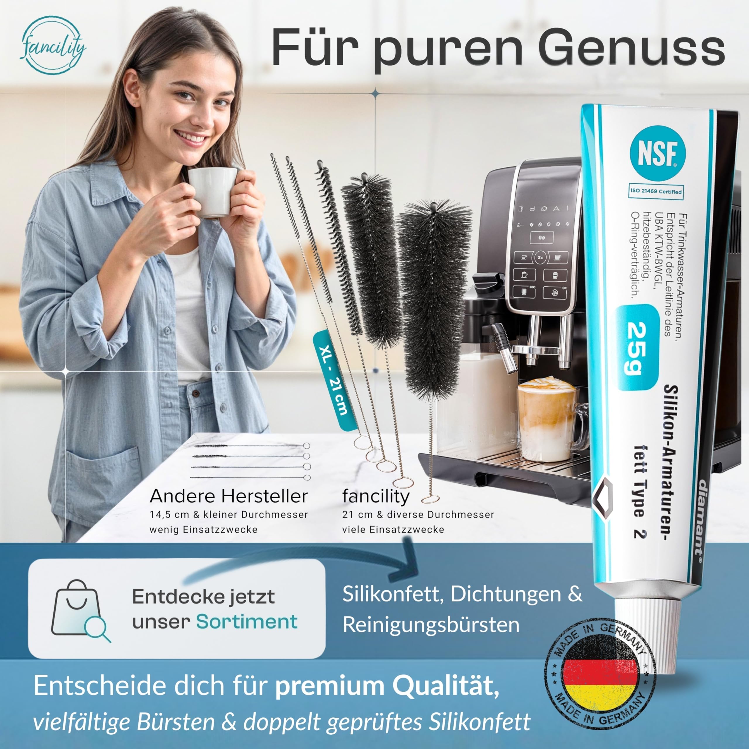 fancility® 25g Silikonfett für Kaffeevollautomaten & Armaturen-Fett (2-fach geprüft) + 5 XL Reinigungsbürsten 21cm - Hahnfett für Dichtungen, O-Ringe & Brühgruppe - Multi-Schmierfett lebensmittelecht 6