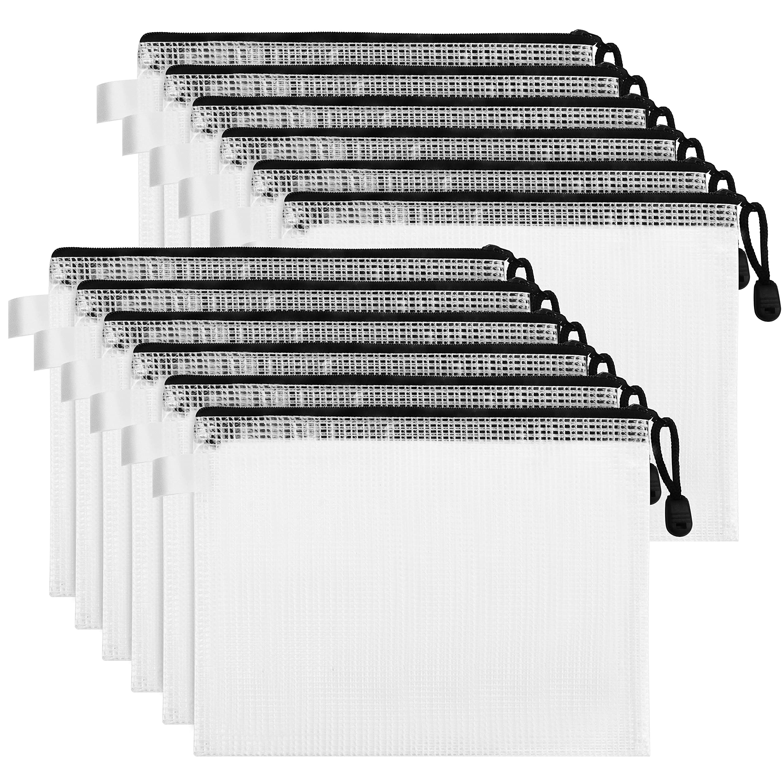 Belle Vous Clear Plastic Mesh Zipper Pouches (12 Pack) - A4 Document Zip File Bags/Folders - Multipurpose Waterproof Wallets for Travel Accessories, Organising Cosmetics, School/Office Supplies