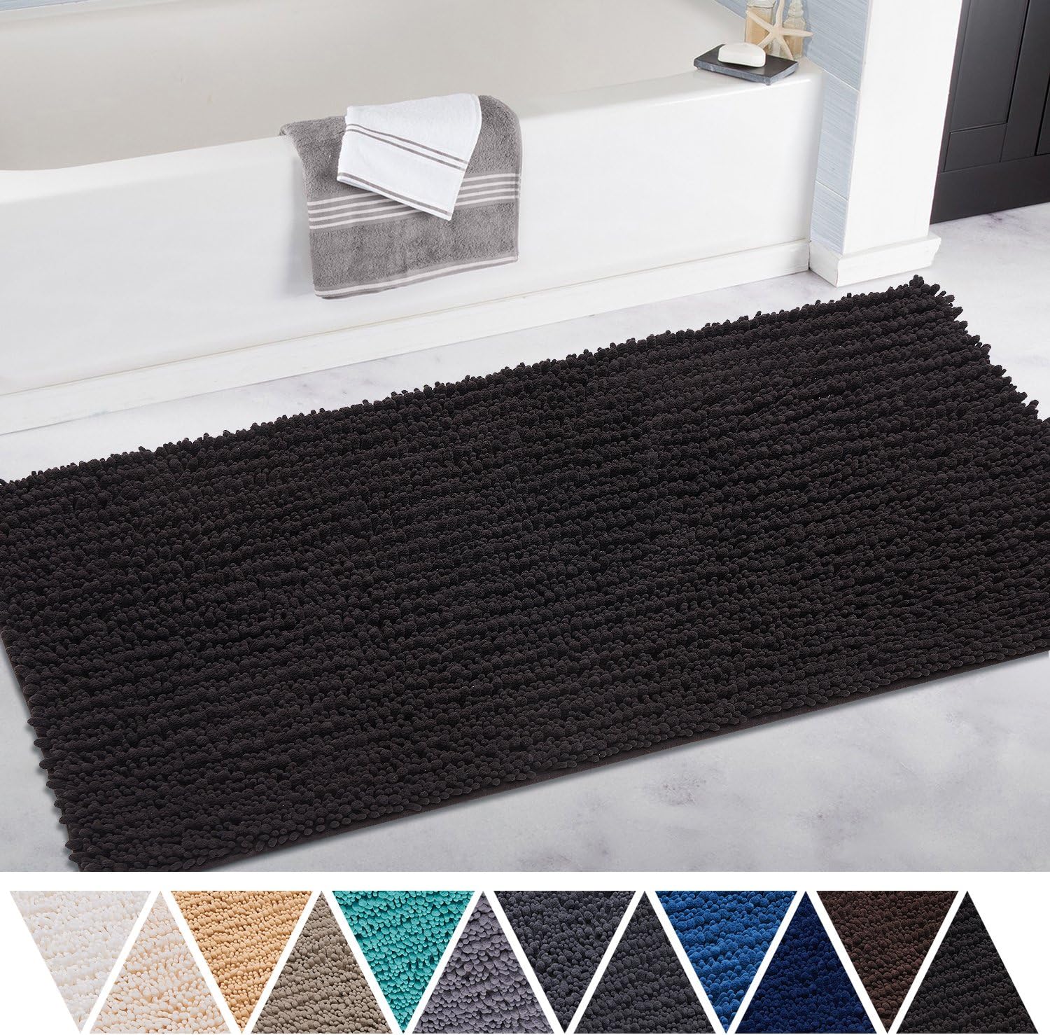 DEARTOWN Bath Mat Runner for Black Bathroom Rugs,Long Floor Mats,Extra Soft, Absorbent, Anti-Skid TPR Bottom,Machine-Washable, Perfect for Tub, Shower & Doormat(27.5X47 inch Style 1: Black)