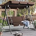 DWVO Patio Swing Front Porch Swing for Adults 3 Seat Porch Swings with Adjustable Canopy Outside Swing Bench with Removable Cushion, Suitable for Backyard, Garden, Yard, Poolside, Balcony (Brown)