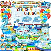 Chugga Chugga Two Two Party Decorations, 16 Guests Train Party Tableware Decorations Set Including Transportation Plates Napkins Tablecloth Banner Balloon Backdrop etc Train Birthday Party Supplies