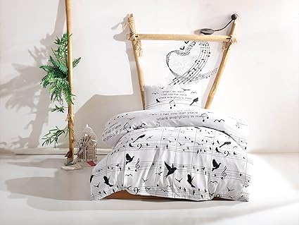 Music Bedding Set Special Design Melody Note Birds Themed Single Twin Size Duvet Cover Set Black And White Bed Set 3 Pcs