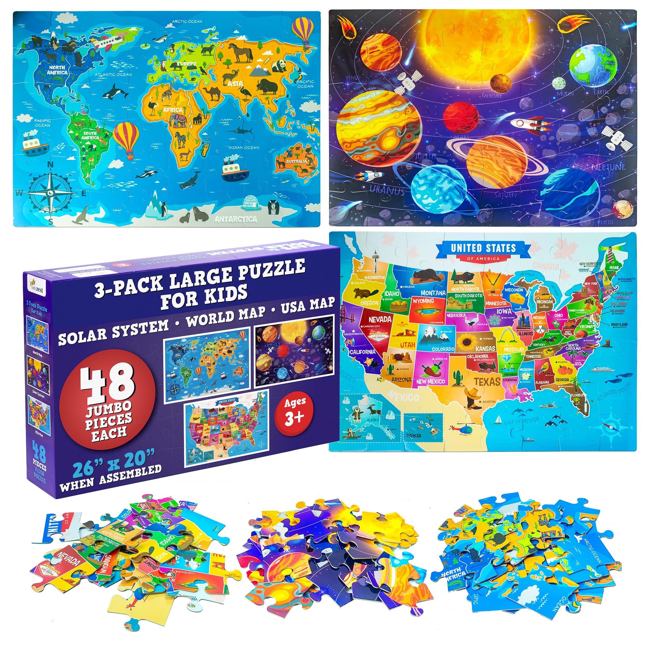 Photo 1 of 3 Pack Large Floor Puzzles for Kids Ages 3-5– Extra Thick 48 Piece Puzzles for Toddler Ages 4-8 Jumbo Jigsaw Set - Solar System, World Map, USA Map, 3 in 1 Educational Puzzle Preschool, Children
