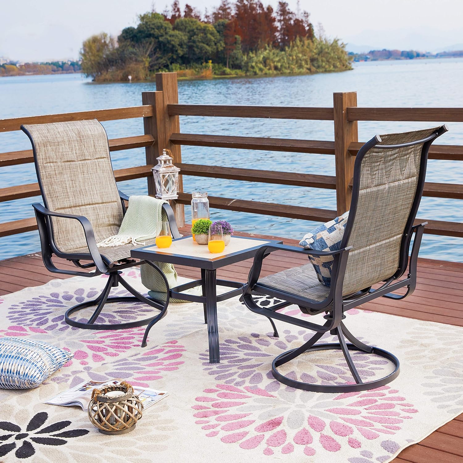 LOKATSE HOME 3 Piece Patio Rocking Set with 2 Outdoor Swivel Chairs and 21" Square Dining Table, Grey : Garden & Outdoor