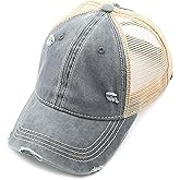 C.C Hatsandscarf Exclusives Washed Distressed Cotton Denim Ponytail Hat Adjustable Baseball Cap (BT-12) (BT-13)