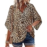 Bebonnie Womens 3/4 Sleeve V Neck Bohemian Peasant Blouses Casual Loose Fit Tunic Tops