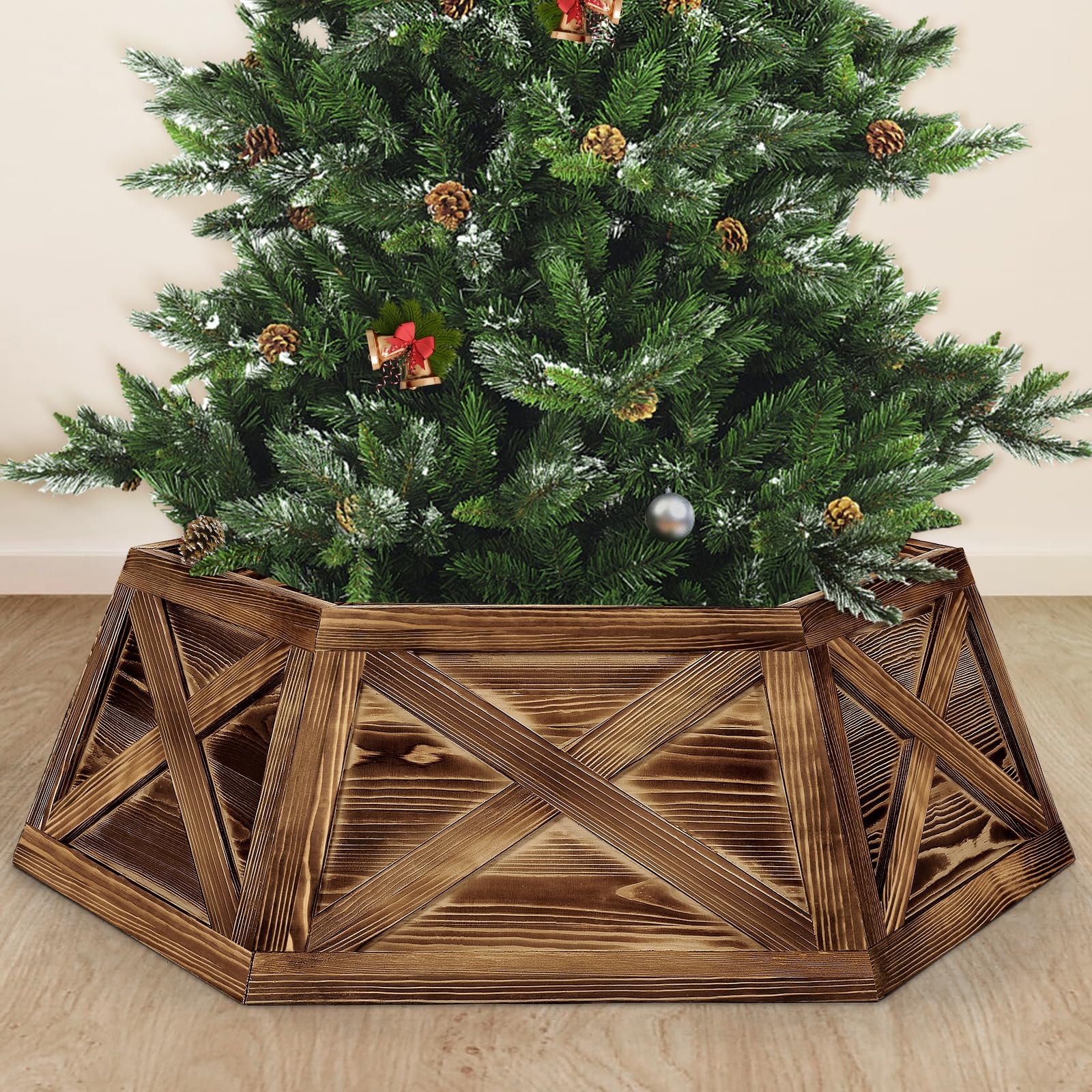 Photo 1 of Yoochee Wooden Christmas Tree Collar Box, 6 Panels 30'' Hexagon Brown Christmas Tree Base Cover Decor for Artificial Tree,Rustic Farmhouse Tree Skirt Alternative for 7.5 ft 9 ft 12ft Tree
