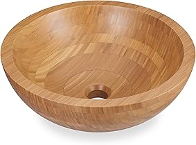 Relaxdays, 43 cm, Marrón Lavabo sobre Encimera de Diseño, Redondo, sin Orificio para Grifo, Bambú 