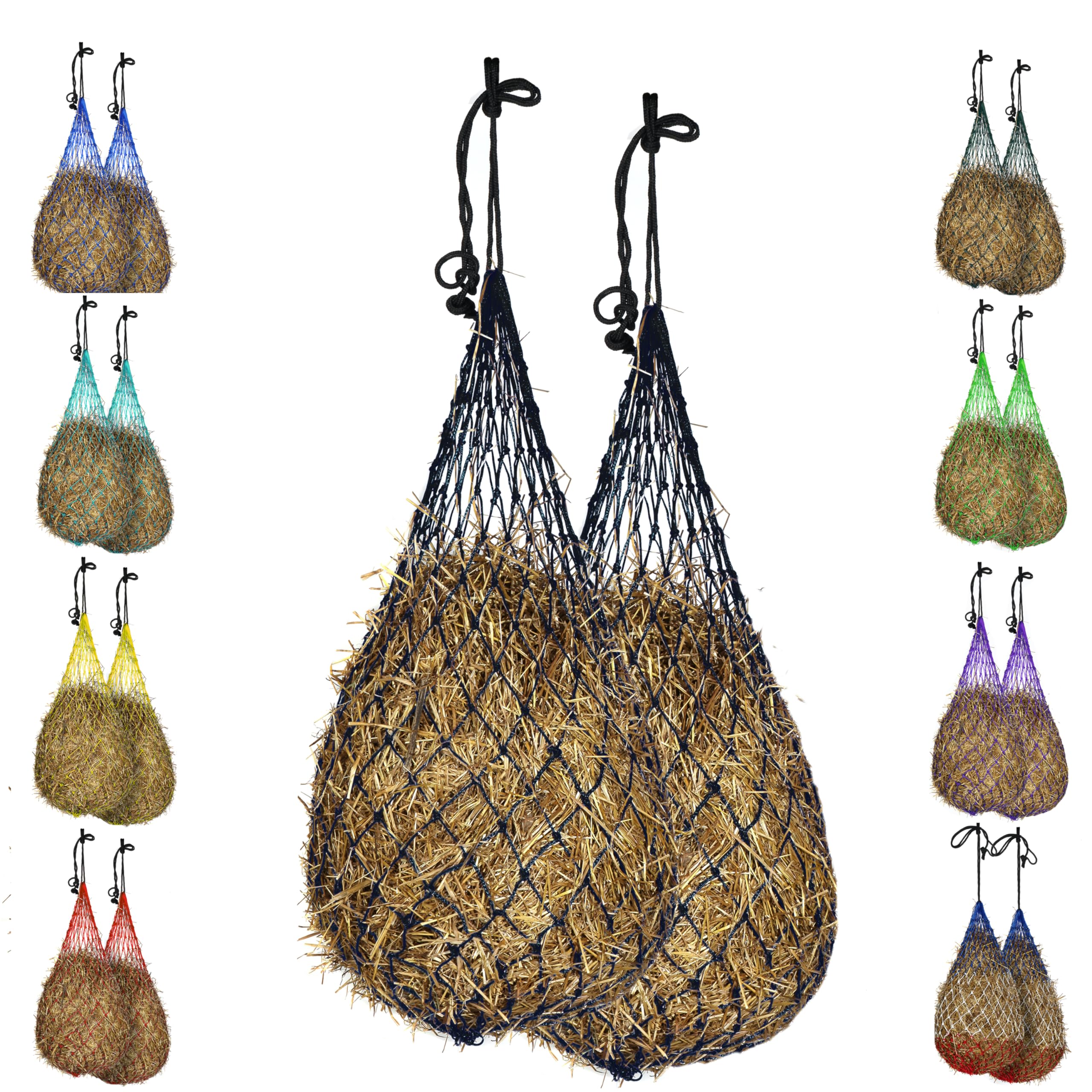 Majestic Ally 2 pcs Slow Feed 56” Hay Net with Soft 3"x3" Holes for Horses & Livestock, Nylon Rope Hanging, Simulates Grazing, Reduce Waste (Black) — image 1