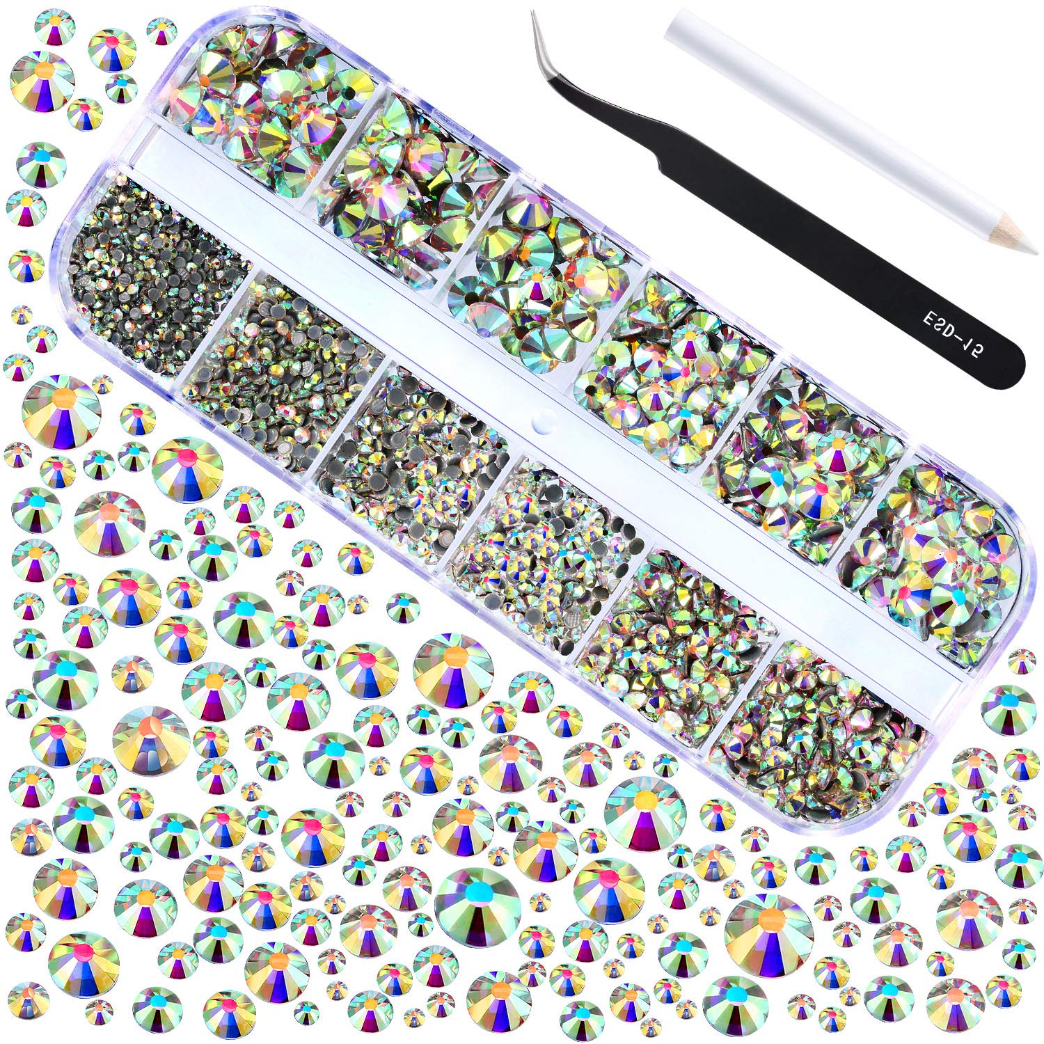 2000 Pieces Hot Fix Glass Flatback Rhinestones HotFix Round Crystal Gems 1.5-6 MM (SS4-SS30) in Storage Box with Tweezers and Picking Rhinestones Pen (Crystal AB, 6 Sizes)
