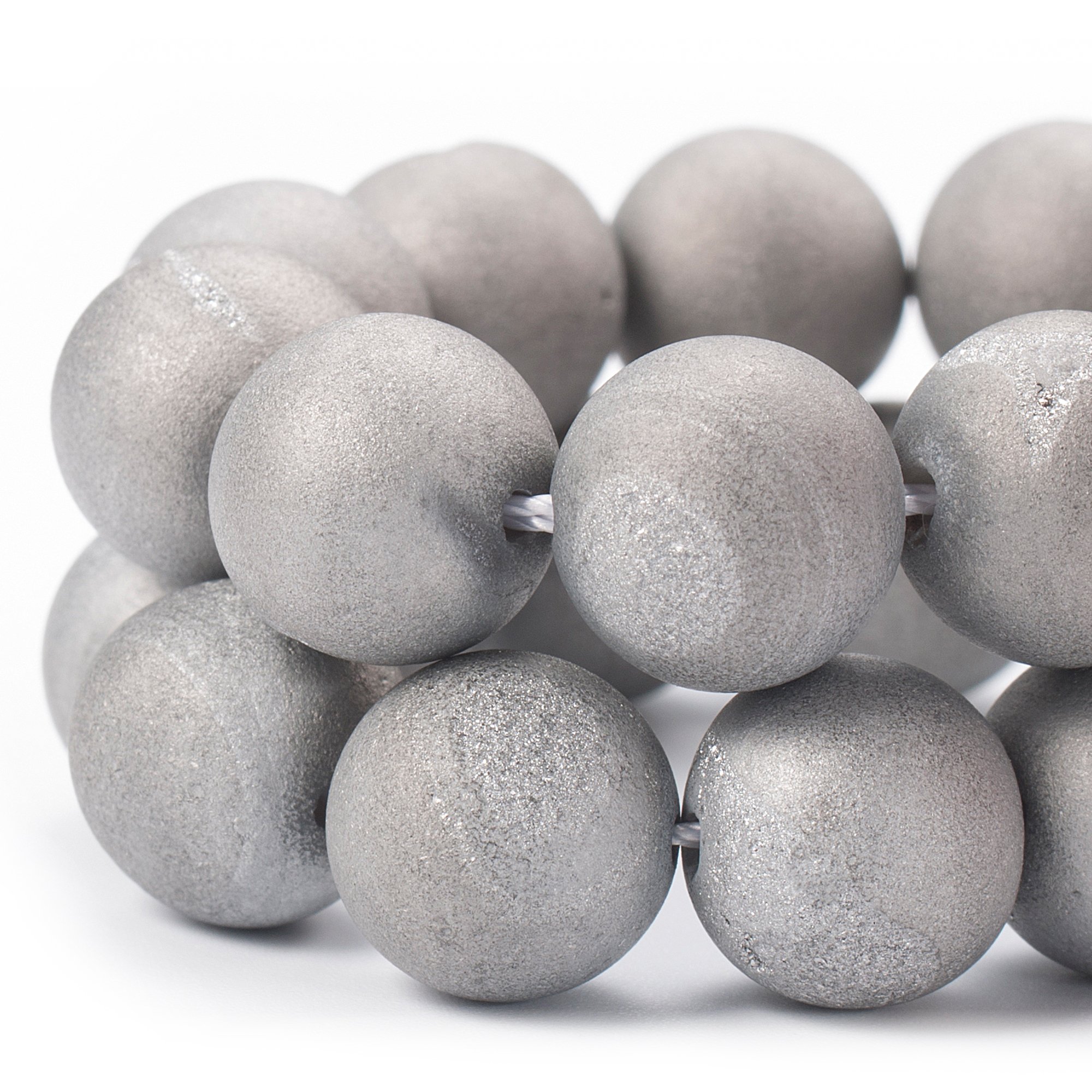 RUBYCA Round Dyed Electroplated Druzy Agate Quartz Crystal Gemstone Beads (1 Strand, Silver, 10mm)