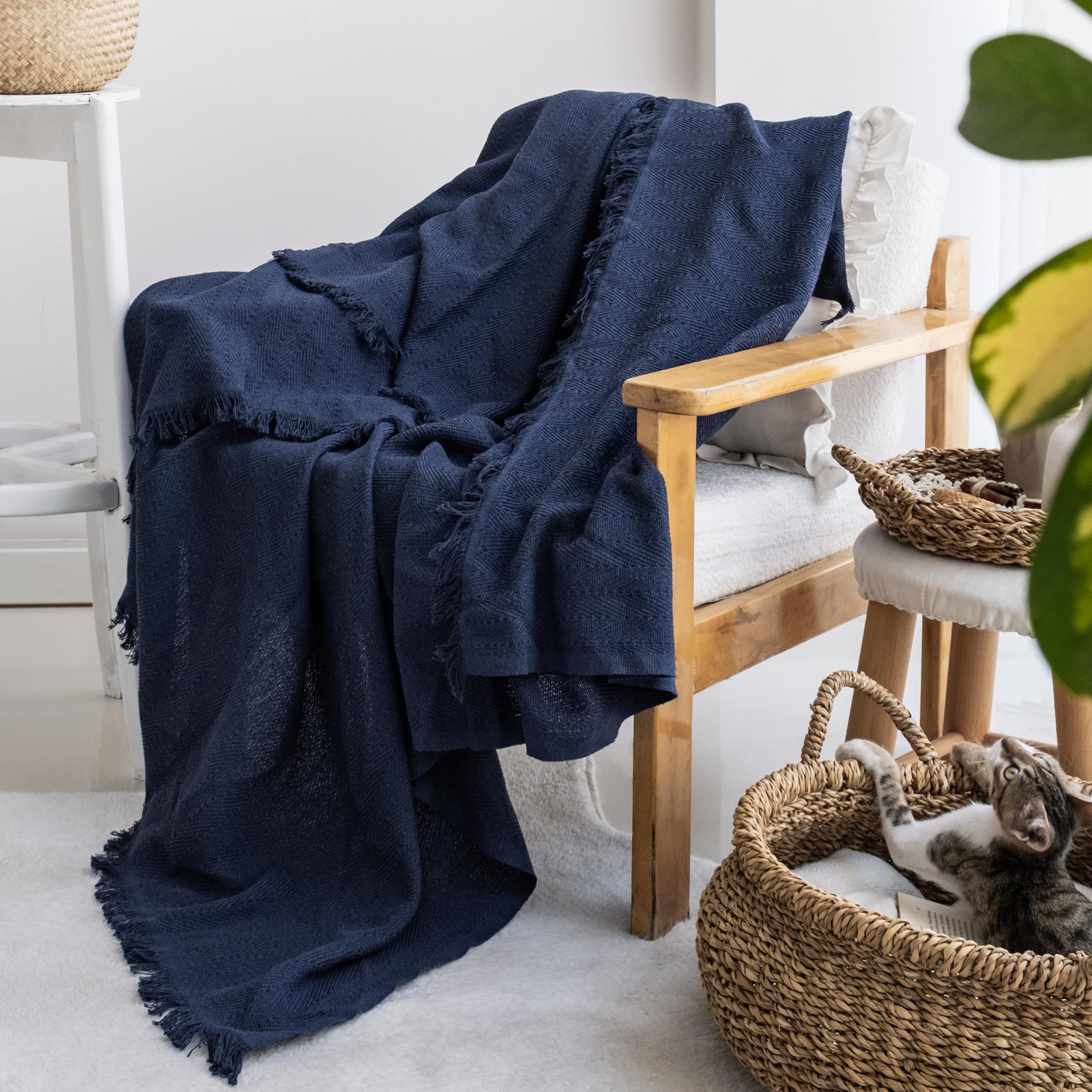 Milam London Cotton Throw Blanket | Soft Throws For Armchairs, Sofa, Settee | Single Bed Throw, Navy Blue - 170 x 200 cm