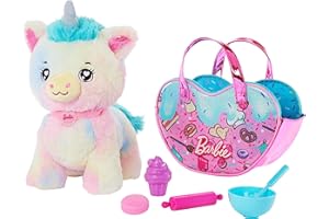 Barbie Stuffed Animals, Unicorn Toys, Plush Unicorn with Dessert-Themed Purse Playset and 5 Accessories, Chef Pet Adventure