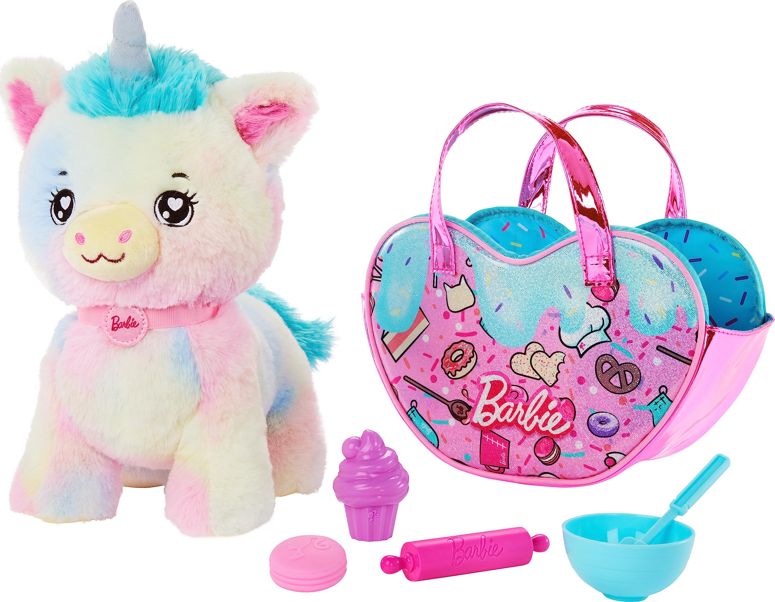 Animales de peluche de Barbie, juguetes de unicornio, unicornio de peluche con bolso con temática de postre y 5 accesorios, Chef Pet Adventure