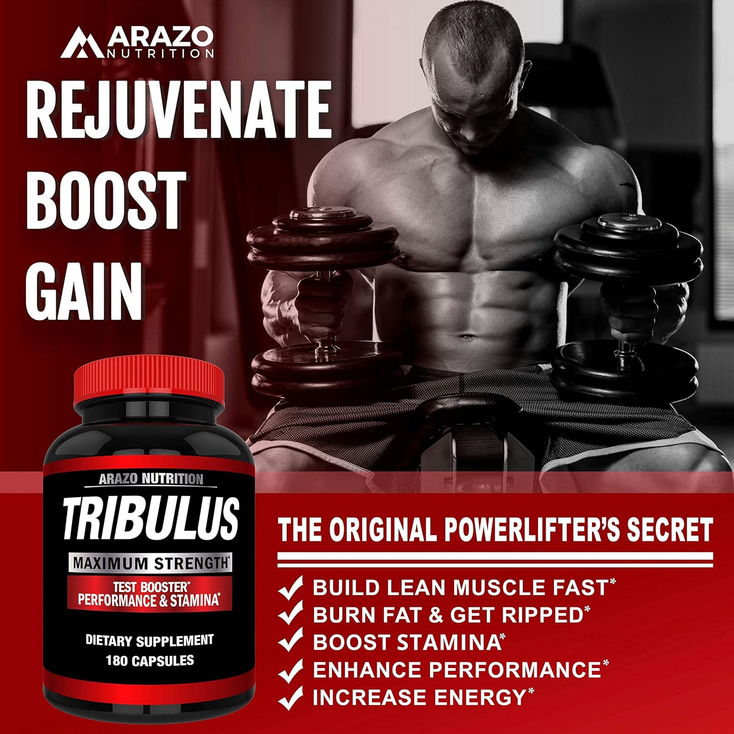 Tribulus Terrestris 1500MG Extract Powder - Testosterone Booster with Estrogen Blocker - Arazo Nutrition USA - 180 Capsules: Health & Personal Care
