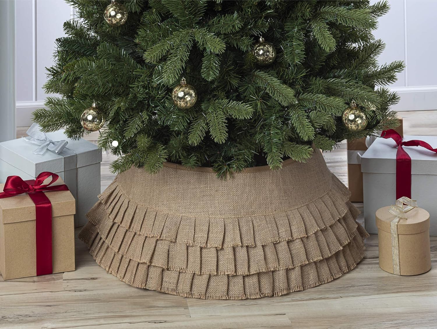 Tree Stands - New Traditions - Burlap Stand Band Christmas Tree Collar with Tiered Ruffles - Tan