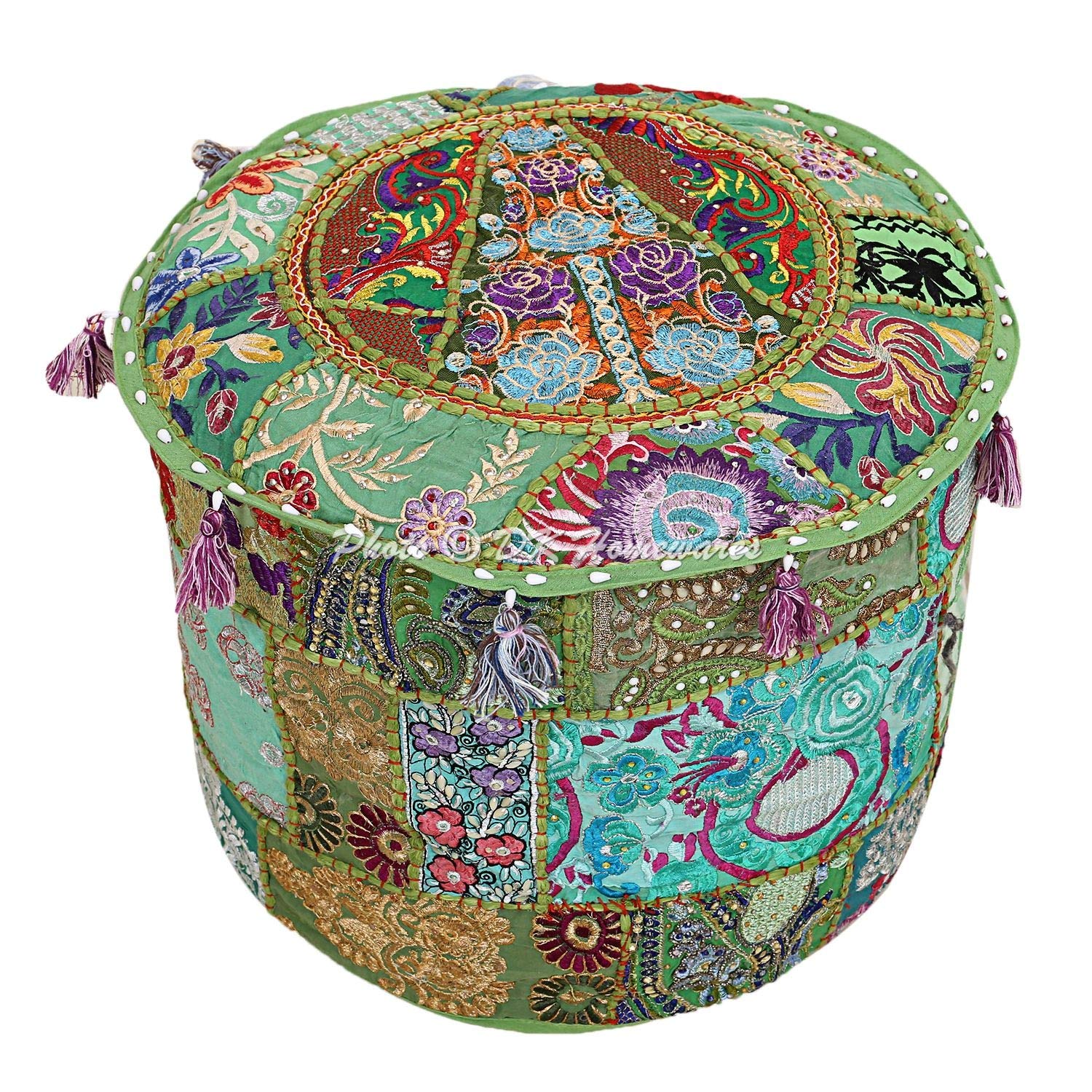 DK Homewares Traditional Parrot Green Foot Stool Pouf Cover Ottoman Patchwork Home Decorative Knitted Cotton Round Floral Desginer Hassock Footstool Cover (16X16X13 Inches / 40 Cm)
