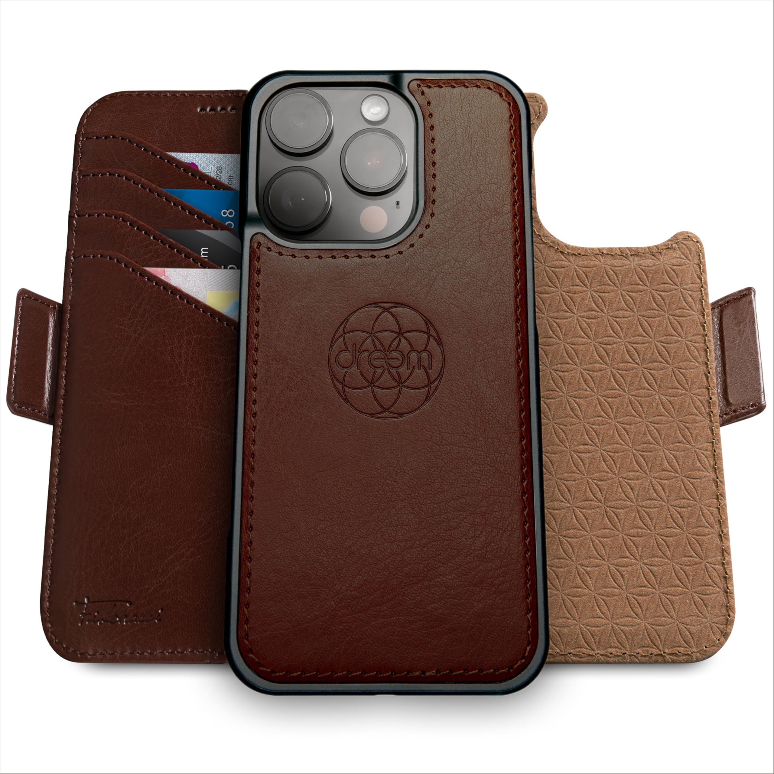 dreem Wallet Case for iPhone 16 Pro, Revolutionary Vert/Hor Phone Stand, Magnetic Detachable Vegan Leather Flip Cover RFID Blocking Card Holder, MagSafe-Fit, Gift Box [Fibonacci: Coffee]