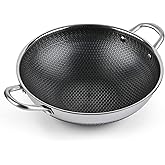 Hikaru 12.5” Wok Pan with Dual Honeycomb Wok Stainless Steel Wok Pan with Nonstick Coating, Frying Pans Cookware, Two Handles,Works with Induction ,Gas, Electric, Ceramic Furnace Stove, Without Lid