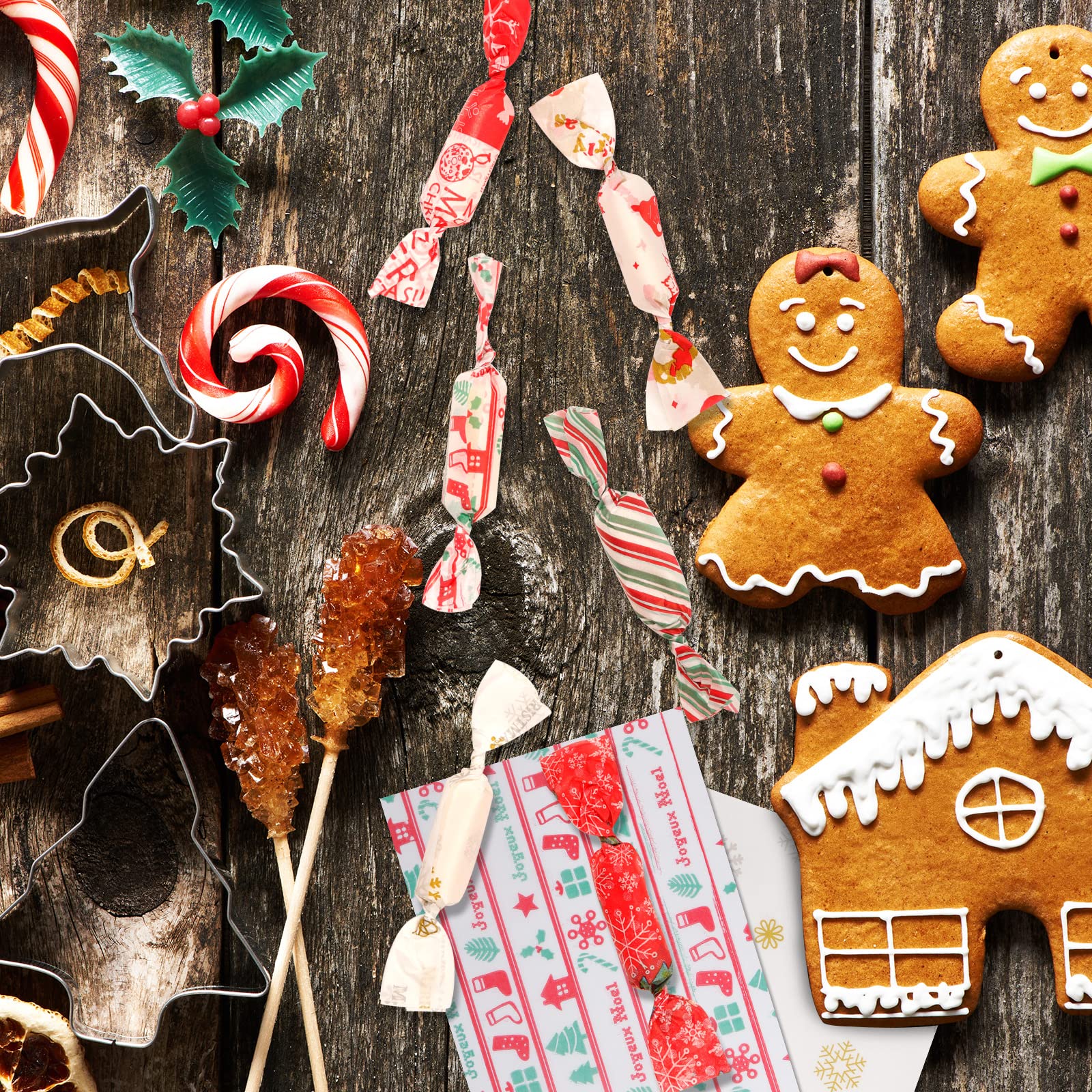 YBB 600 Pcs Christmas Candy Wrappers for Caramel, Greaseproof Candy Wax Twisting Papers Wrappers for Christmas Party Goodies Candy Chocolate Sweets