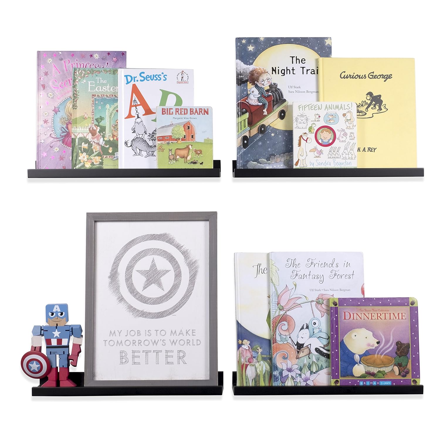 Wallniture Denver Wall Mounted Floating Shelves for Nursery Decor - Kid’s Room Bookshelf Display - Picture Ledge 17 Inch Set of 4 (Black)