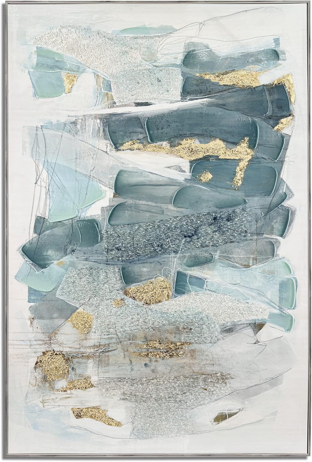 Paintings - 33 ART STUDIO - 40x60” Framed Teal and Gold Foil Abstract Canvas Painting - Modern Wall Art for Home and Office Decor - Large Embelished Wall Decor Ready-to-Hang