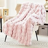 DREAMNINE Decorative Soft Thick Fuzzy Bubble Faux Rabbit Fur Throw Blanket for Couch Sofa, Reversible Plush Warm Fluffy Blankets for Winter, Luxury Cute Cozy Furry Fur Blanket for Bed, 50" x 60", Pink