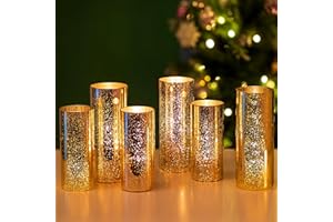 Glasseam Mercury Gold Candle Holders, Set of 6 Glass Hurricane Candle Holder, Glitter Pillar Candle Holder for Table, Modern Cylinder Vases for Centerpieces Wedding Dining Christmas Decorations