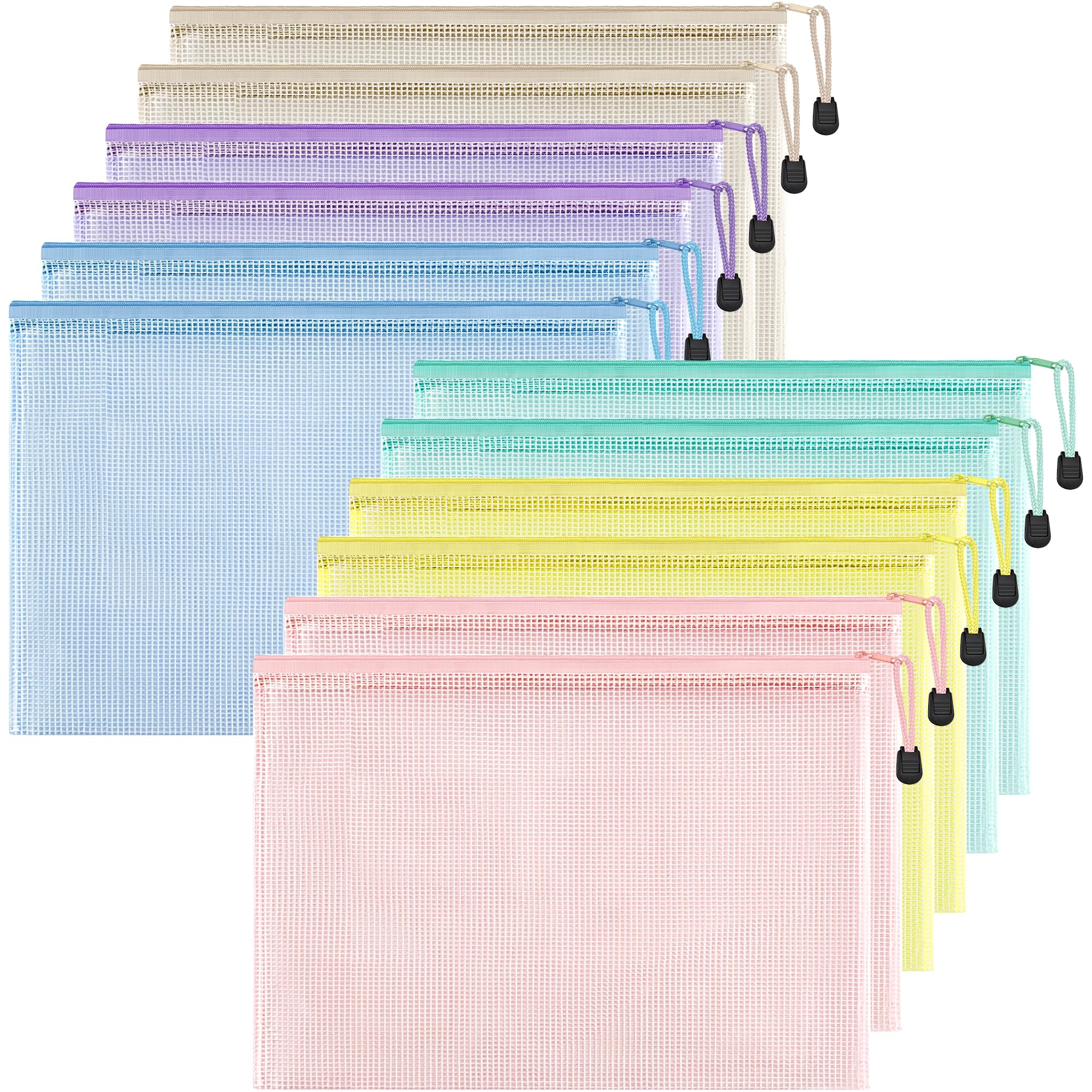 HEETA Zip Folders A4,12Pack Sturdy Plastic Zip Wallets Waterproof Mesh Bags with Secure Zippers for Office School Home Travel Storage, 6 Macaron Colors