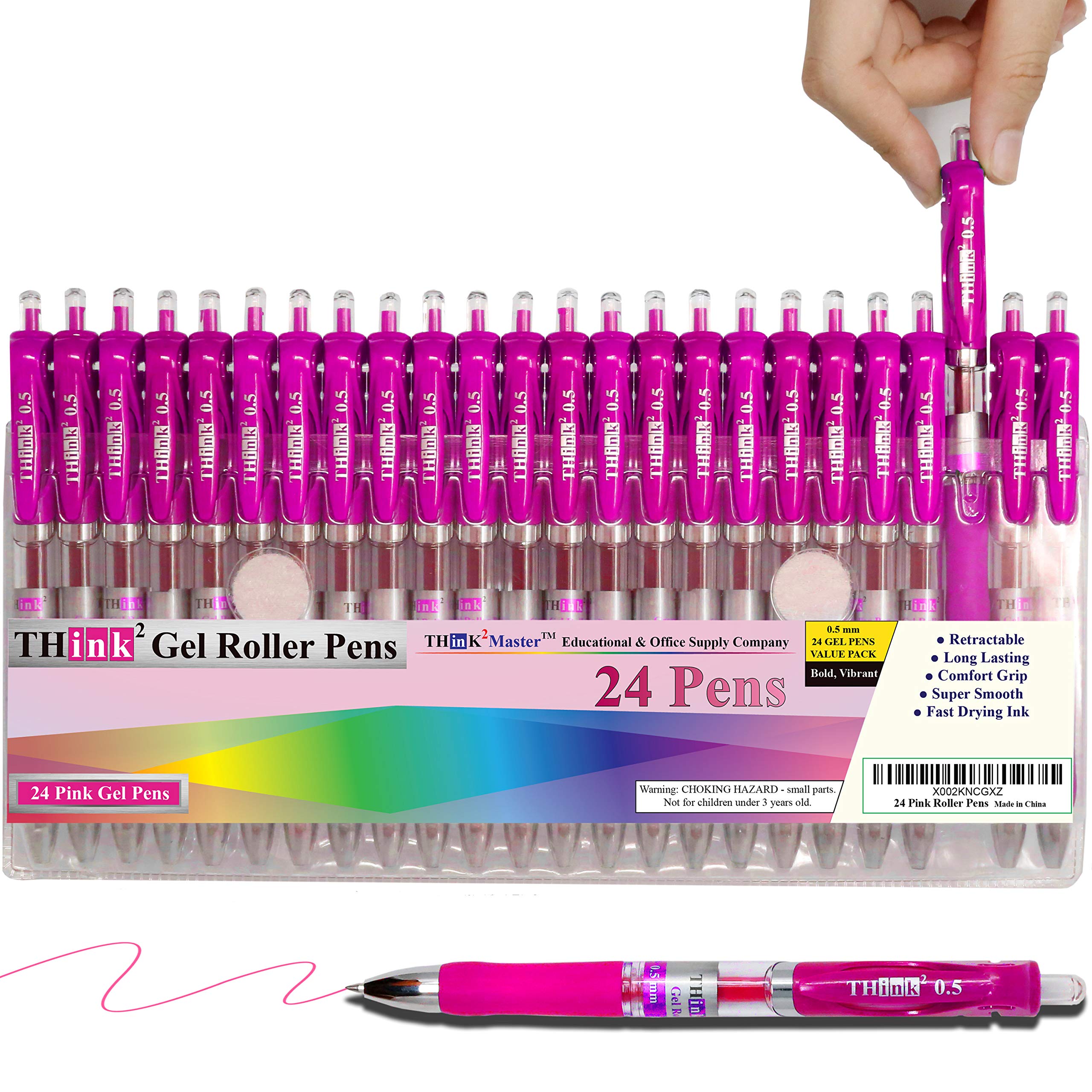 Photo 1 of [24 Pens - Pink Ink] Think2 Retractable Gel Pens. (24 Pink) Fine Point (0.5mm) Rollerball Pens with Comfort Grip.