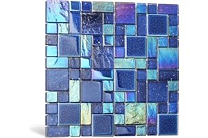 Blujellyfish Blue Glass Mosaic Tiles French Pattern Square Mosaics Sheets Iridescent Cobalt Blue Crystal Glass Ceramic Accent Wall Tile for Swimming Pool Kitchen Bathroom Backsplash (5 Square Feet)