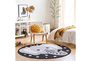Hauteloom Kids Room, Nursery Round Area Rug - Outdoor Patio Safe - Animal Baby Elephant Playroom Carpet - Beige, Gray, Black, Cream - 3'11"